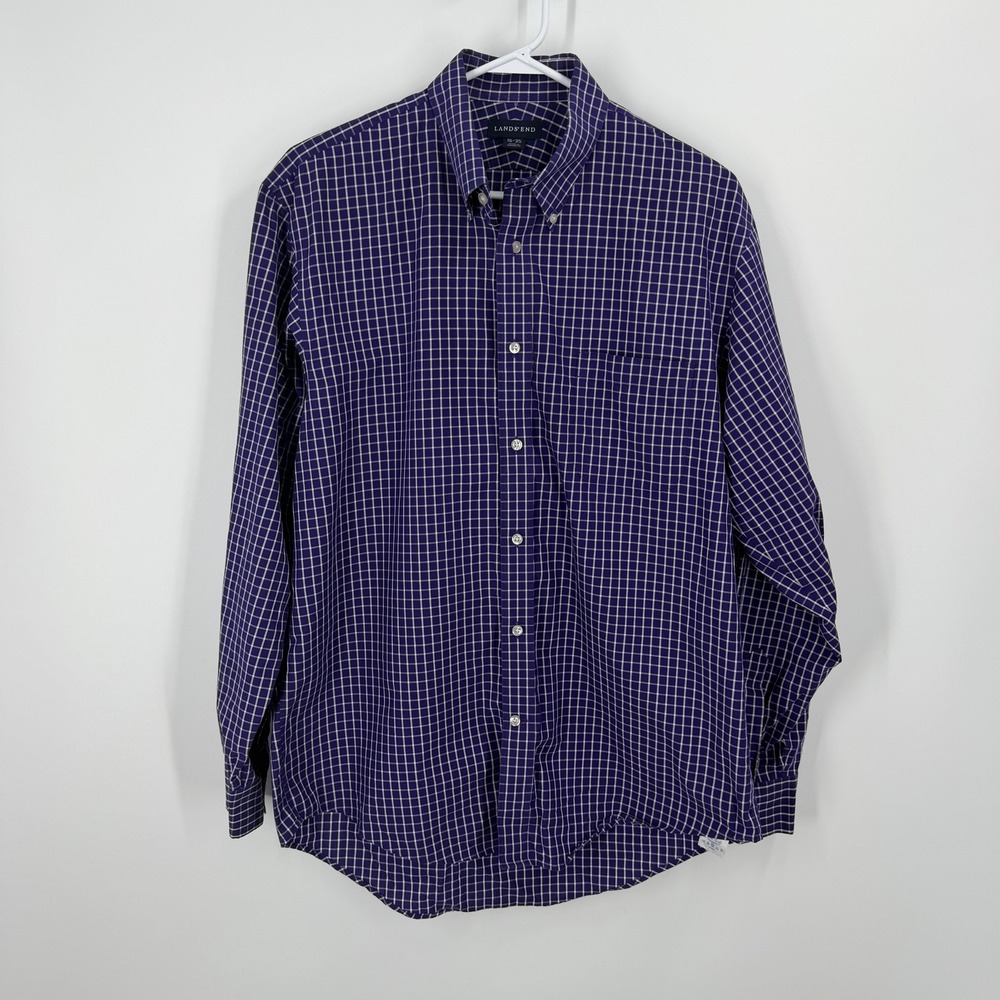 Lands' End Button Down Shirt Mens 16-35 Purple Plaid Long Sleeve Pocket Cotton